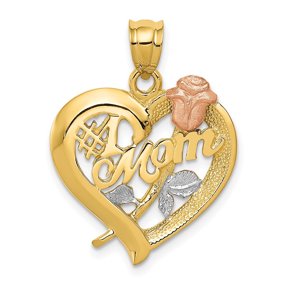 14k Two Tone Gold and White Rhodium Mom and Rose Heart Pendant, 20mm