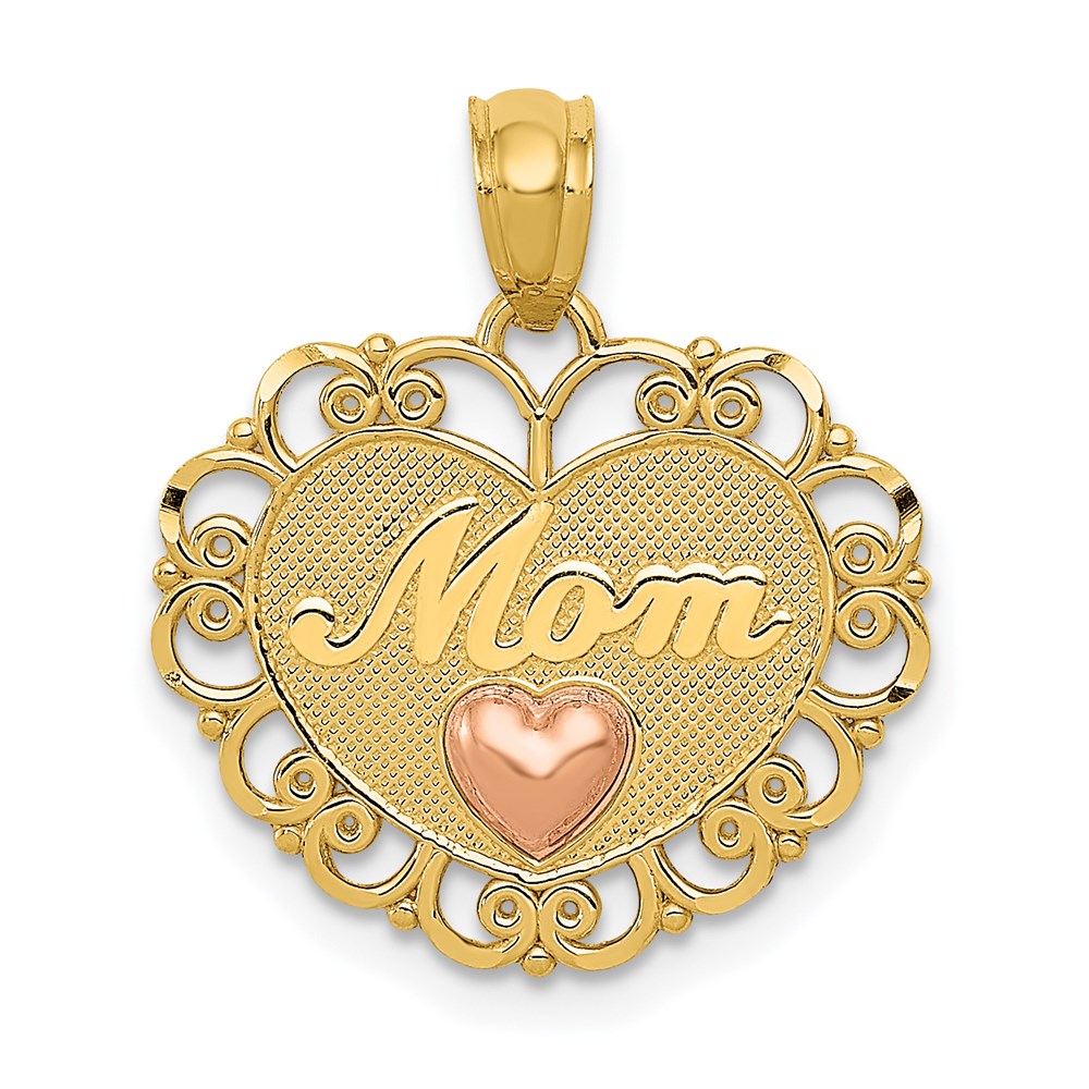 14k Two Tone Gold Mom Scroll Heart Pendant, 18mm