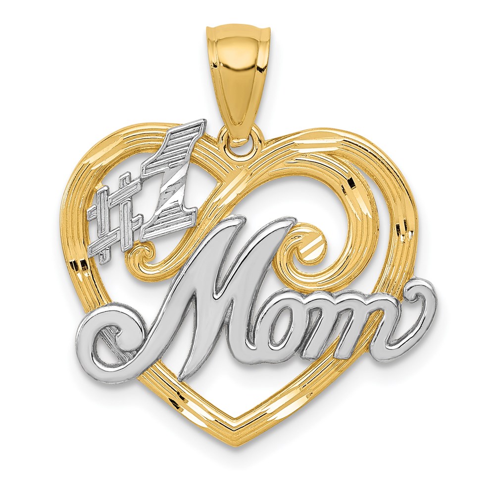 14k Yellow Gold and White Rhodium #1 Mom Heart Pendant, 21mm