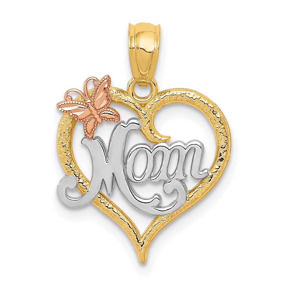14k Two Tone Gold and White Rhodium Mom Heart Butterfly Pendant, 15mm