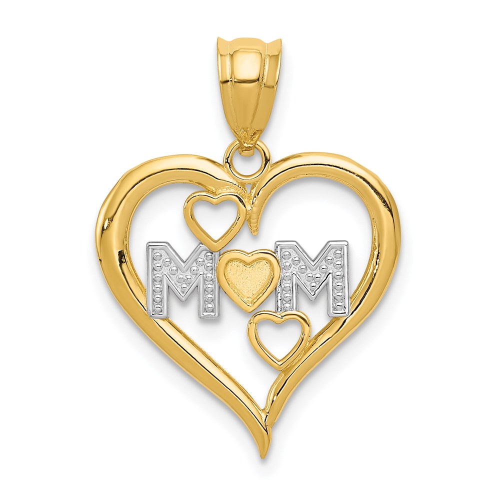 14k Yellow Gold and White Rhodium Mom Heart Pendant, 16mm