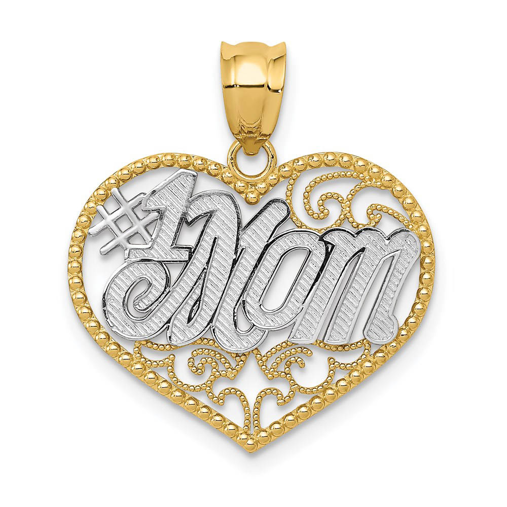 14k Yellow Gold and White Rhodium Filigree #1 Mom Heart Pendant, 20mm