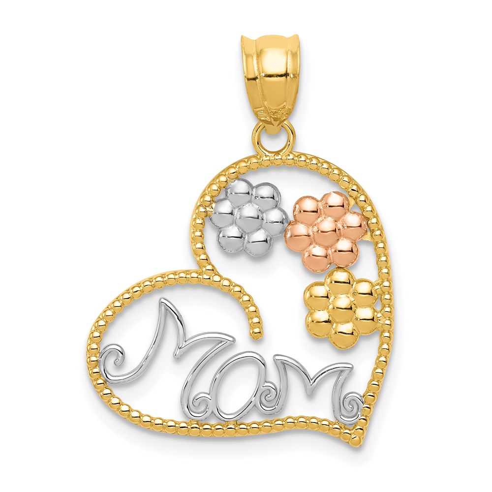 14k Tri Color Gold MOM and Flowers Pendant, 20mm