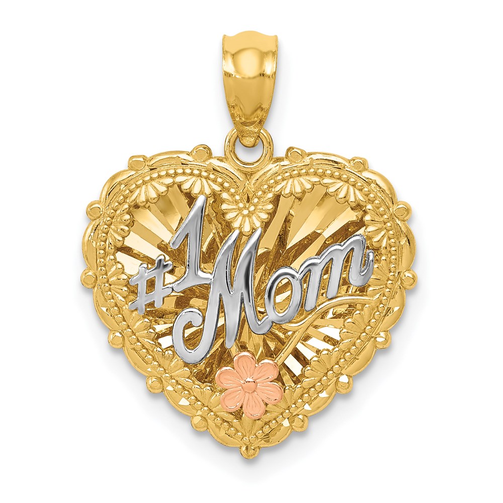 14k Tri Color Gold #1 Mom Reversible Heart Pendant, 18mm
