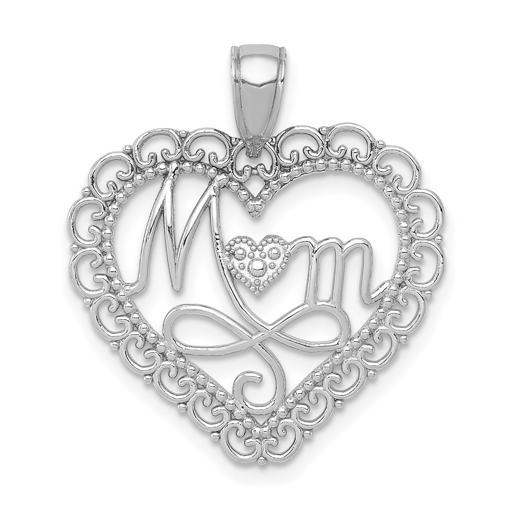 14k White Gold Mom Scallop Heart Pendant, 23mm
