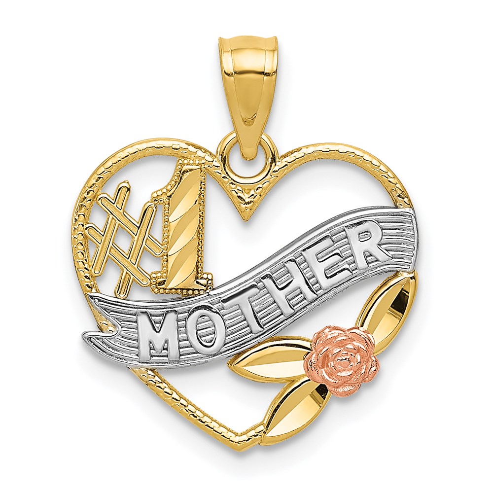 14k Two Tone Gold and White Rhodium #1 Mother Heart Pendant, 17mm