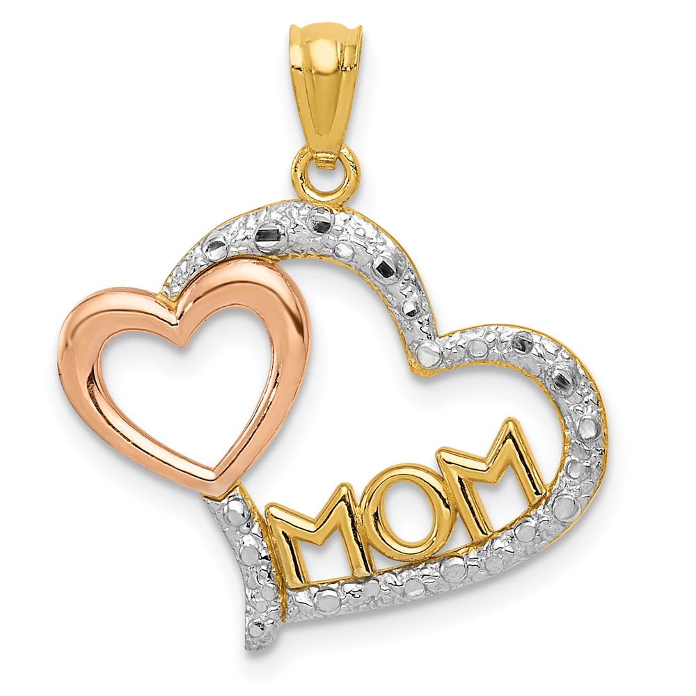 14k Two Tone Gold and White Rhodium Mom and Heart Pendant, 20mm