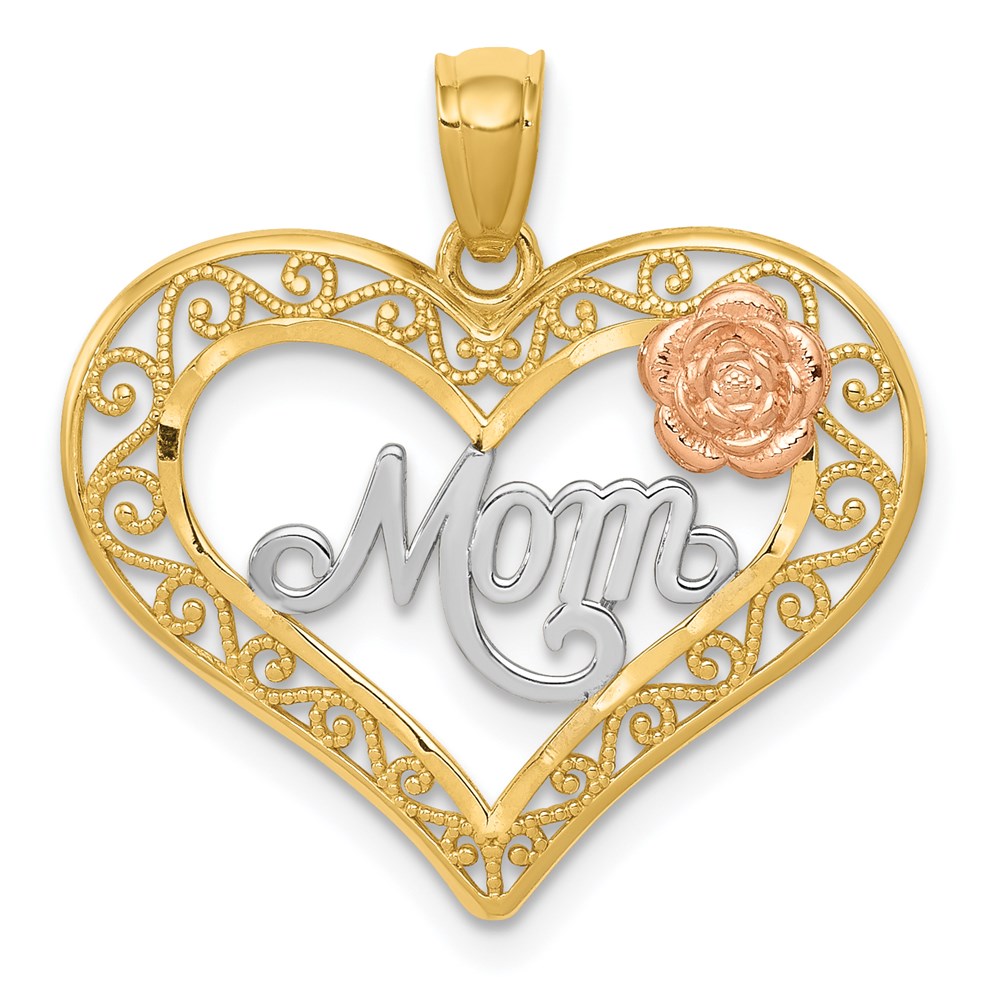 14k Two Tone Gold and White Rhodium Mom Heart with Rose Pendant, 22mm