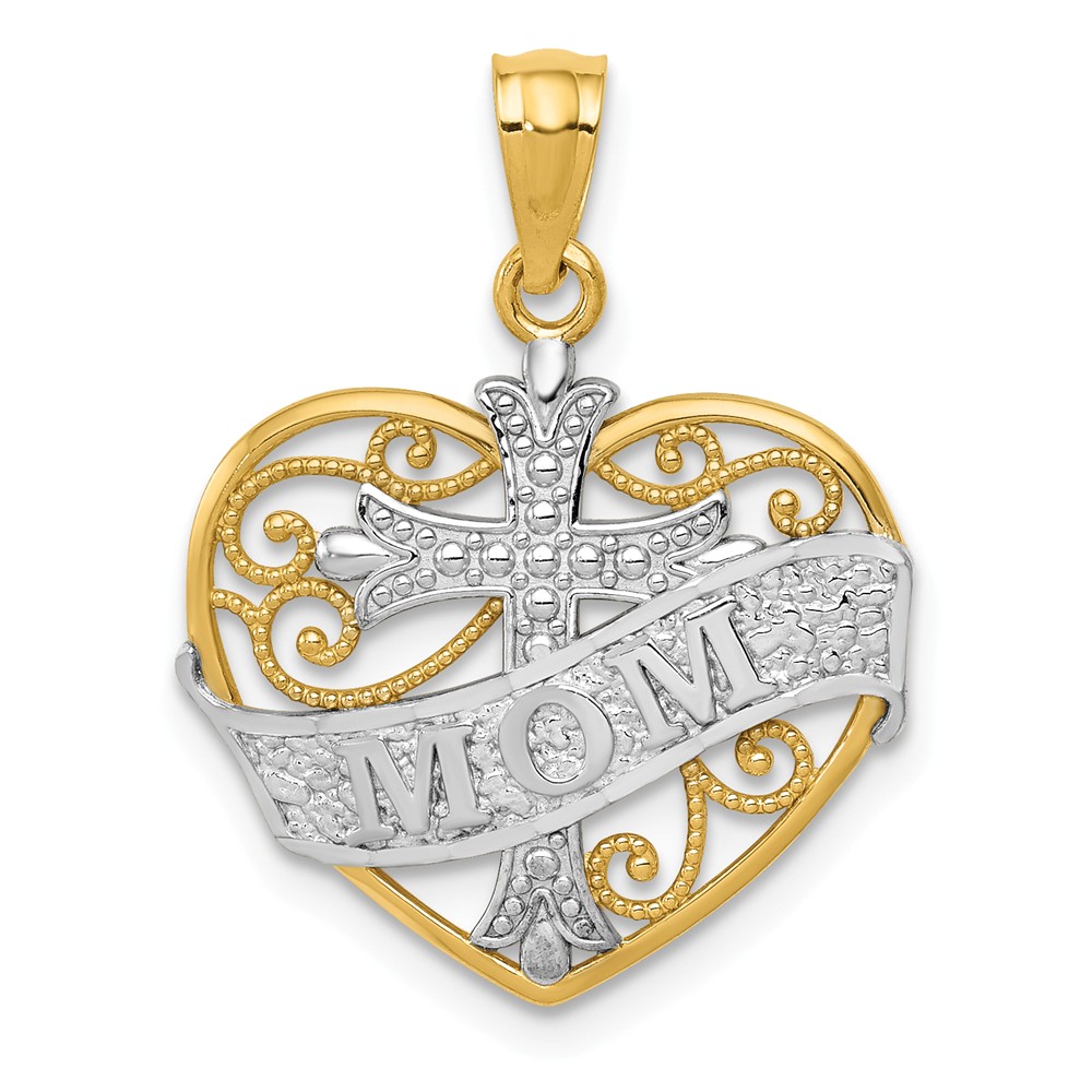 14k Yellow gold and White Rhodium Mom and Cross Heart Pendant, 17mm 14k Yellow gold and White Rhodium Mom and Cross Heart Pendant, 17mm