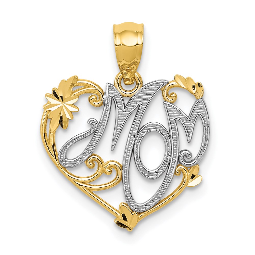 14k Yellow Gold and White Rhodium Mom Floral Heart Pendant, 15mm