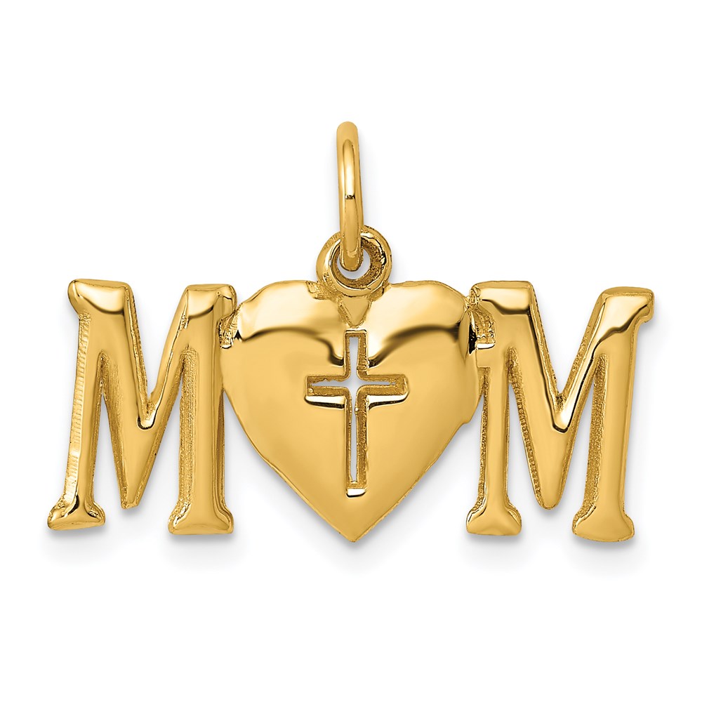 14k Yellow Gold Mom with Cross Charm or Pendant, 22mm