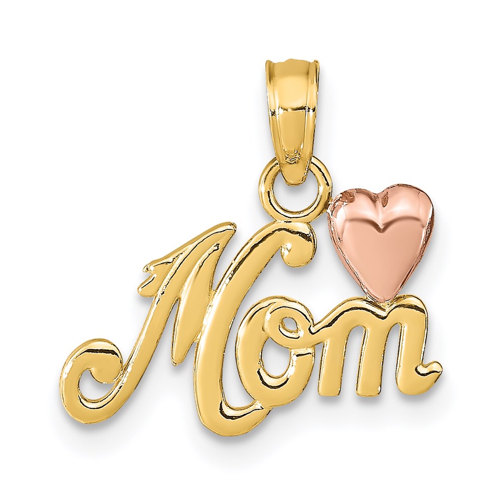 14k Two Tone Gold Mom with Heart Pendant, 16mm