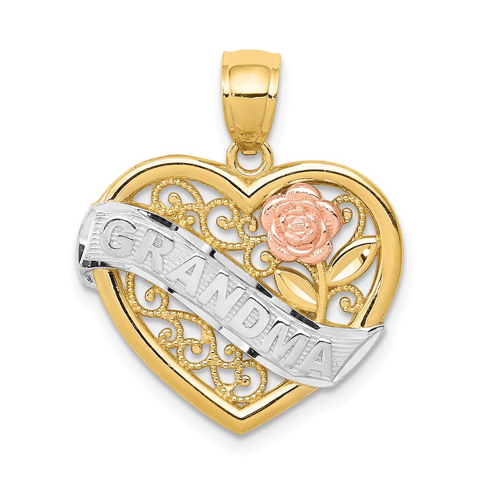 14k Two Tone Gold and White Rhodium Grandma Heart Pendant, 19mm