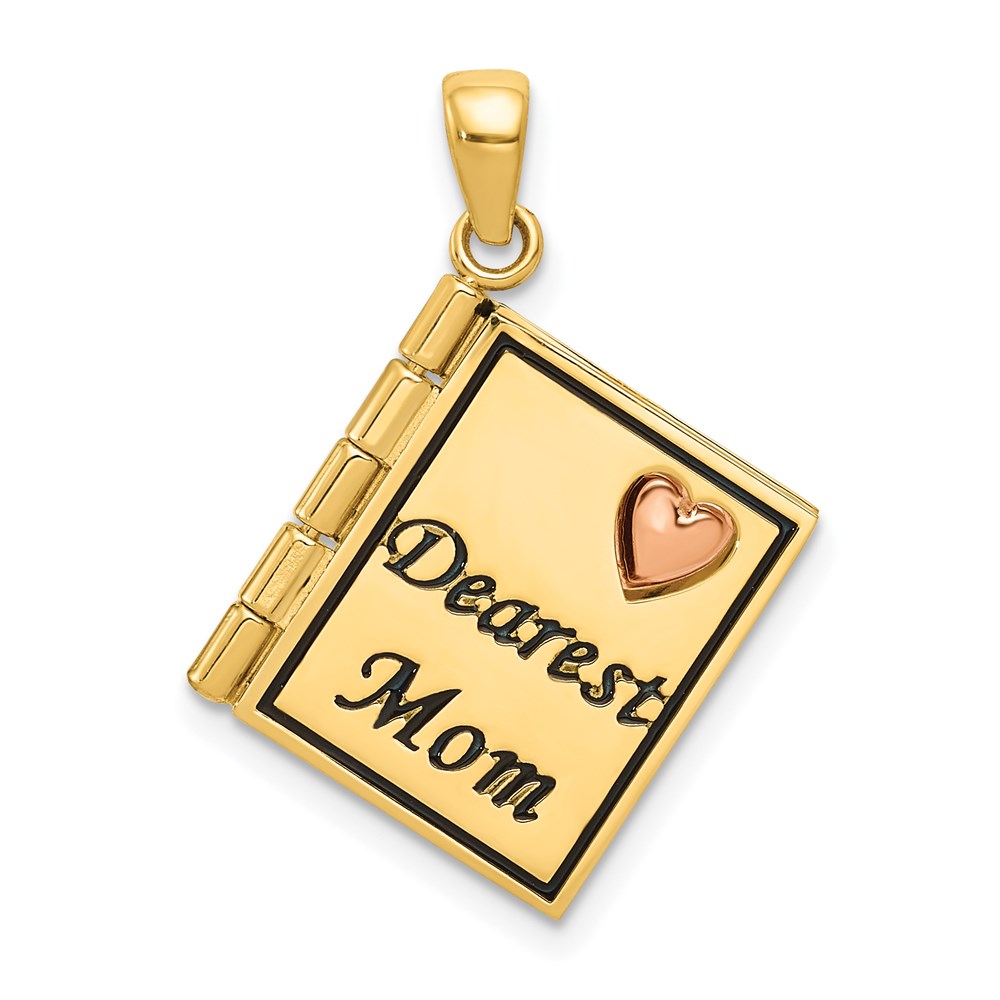 14k Yellow Gold and Rose Gold Dearest Mom Book Pendant, 20mm