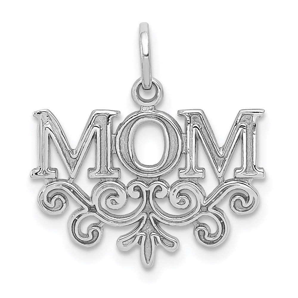 14k White Gold Mom with Scroll Design Charm or Pendant, 18mm
