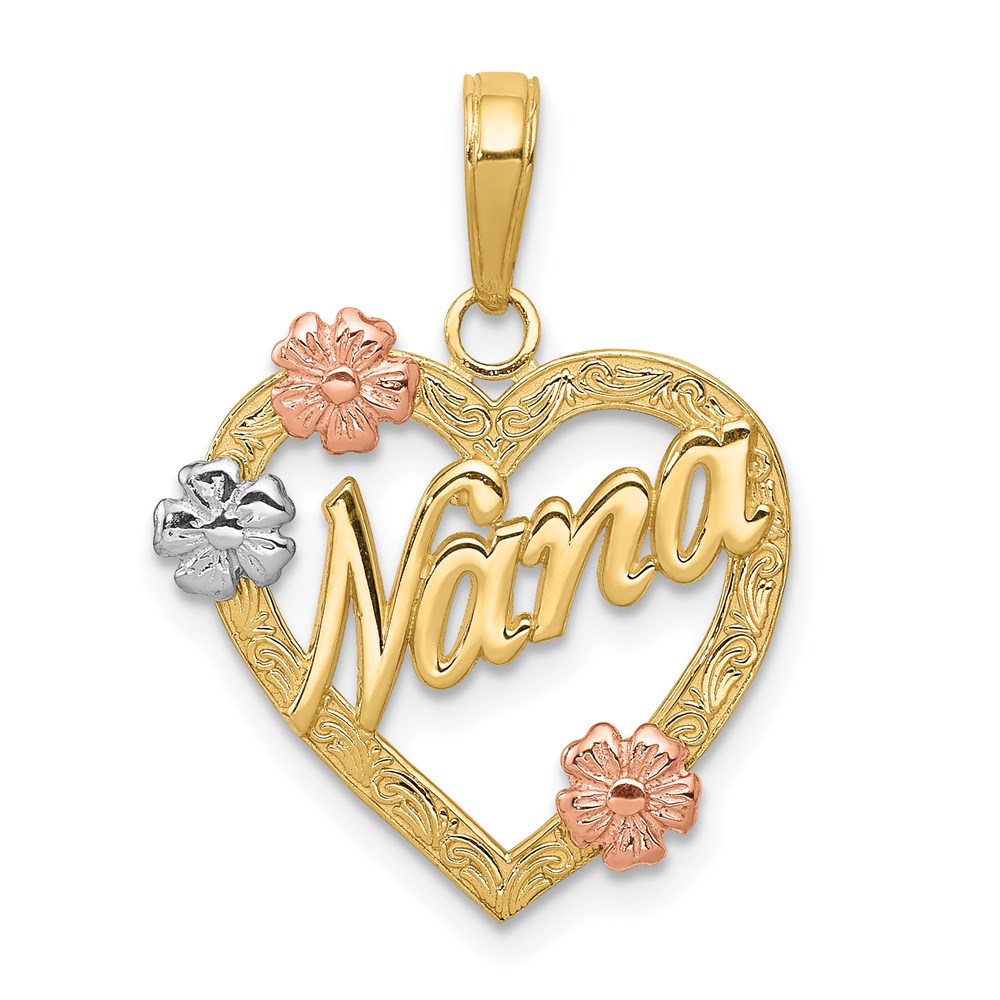 14k Tri Color Gold Floral Nana Heart Pendant, 17mm