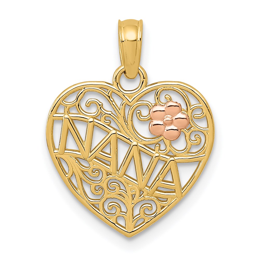 14k Two Tone Gold Nana with Flower On Heart Pendant, 15mm