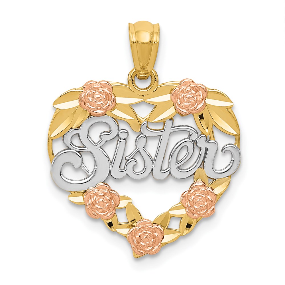 14k Two Tone Gold and White Rhodium Sister Heart Pendant, 18mm