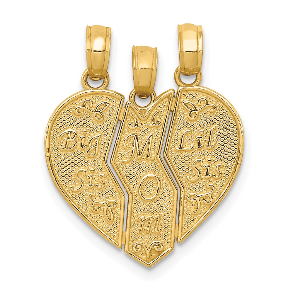14k Yellow Gold Big Sis, Mom, Lil Sis Heart Three Piece Pendants, 18mm