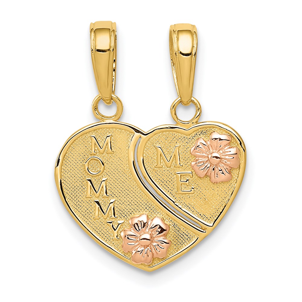 14k Two Tone Gold Mommy, Me Set of 2 Heart Pendant, 15mm