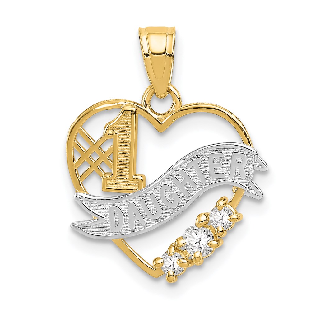 14k Yellow Gold, White Rhodium & CZ #1 Daughter Heart Pendant, 16mm
