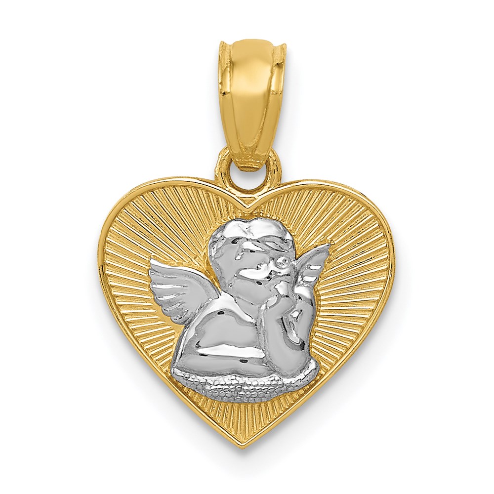 14k Yellow Gold & White Rhodium Guardian Angel Heart Pendant, 13mm