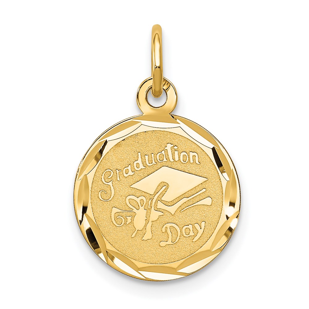 14k Yellow Gold Graduation Cap Brocaded Disc Charm or Pendant, 14mm