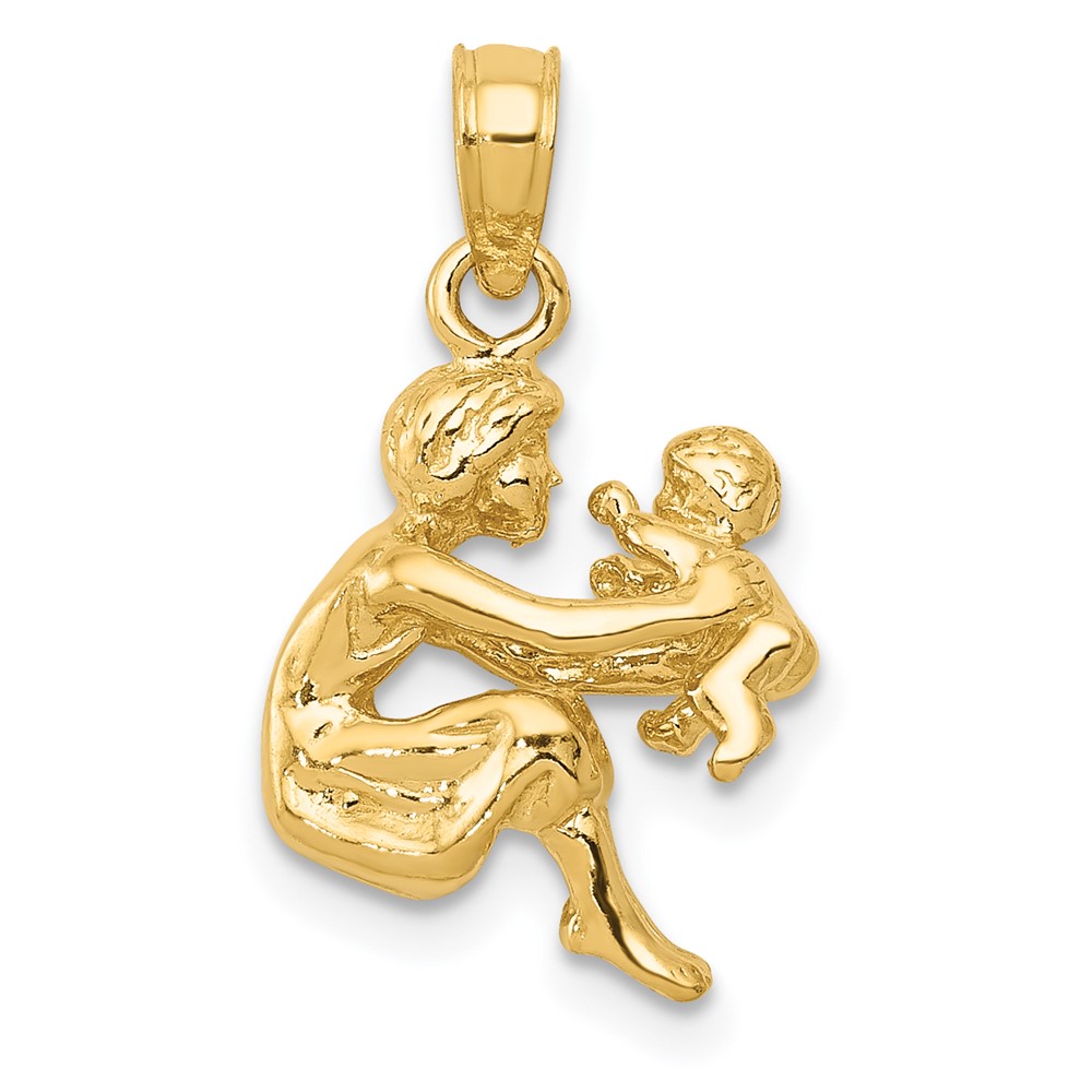 14k Yellow Gold 3D Mother Holding Child Pendant, 11mm