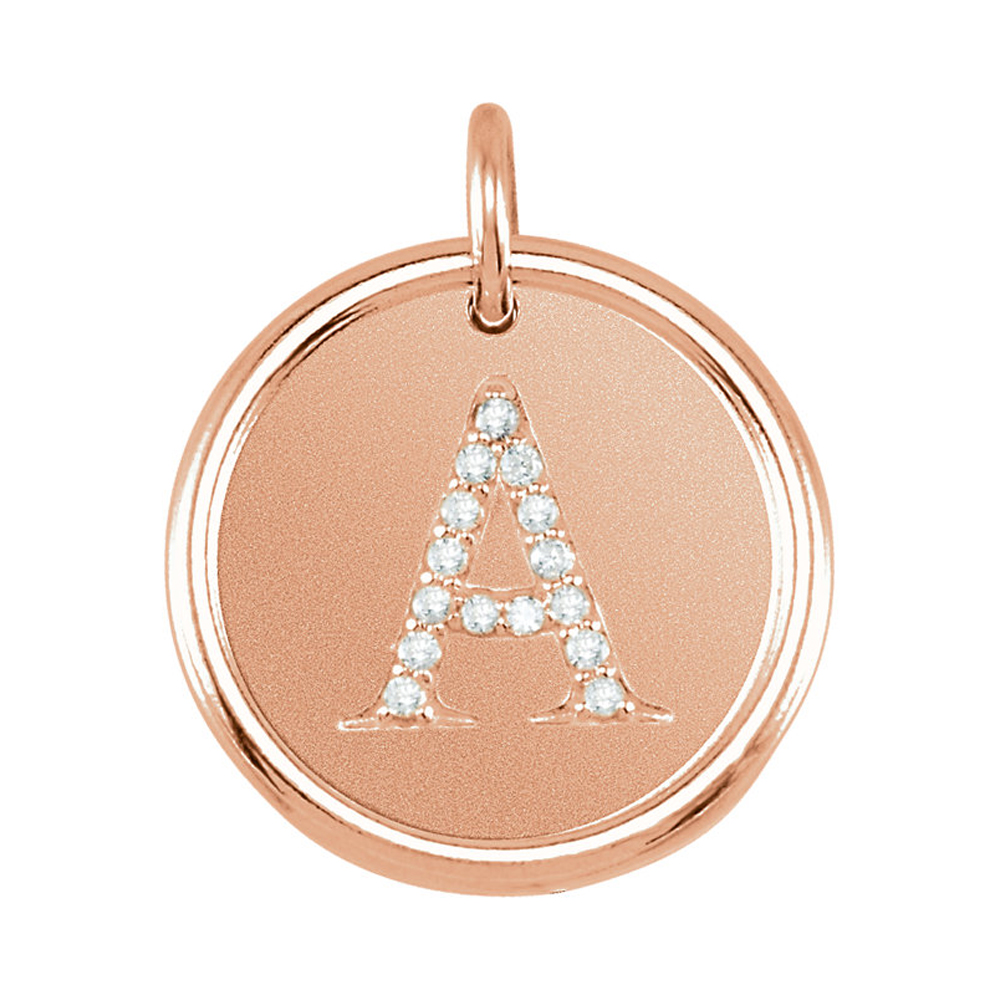 14k Rose Gold and Diamond Initial A-Z Disc Pendant, 17mm (5/8 inch)