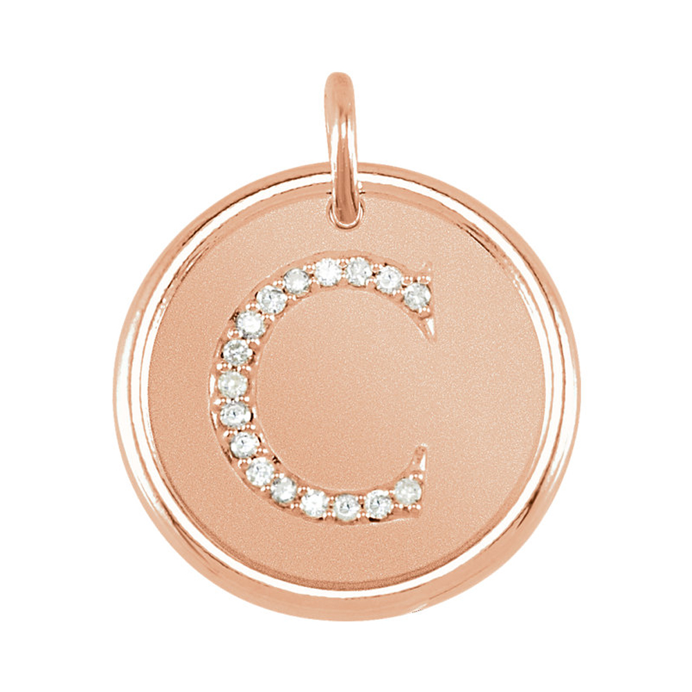 14k Rose Gold & .08 Ctw Diamond Initial C Disc Pendant, 17mm (5/8 in)