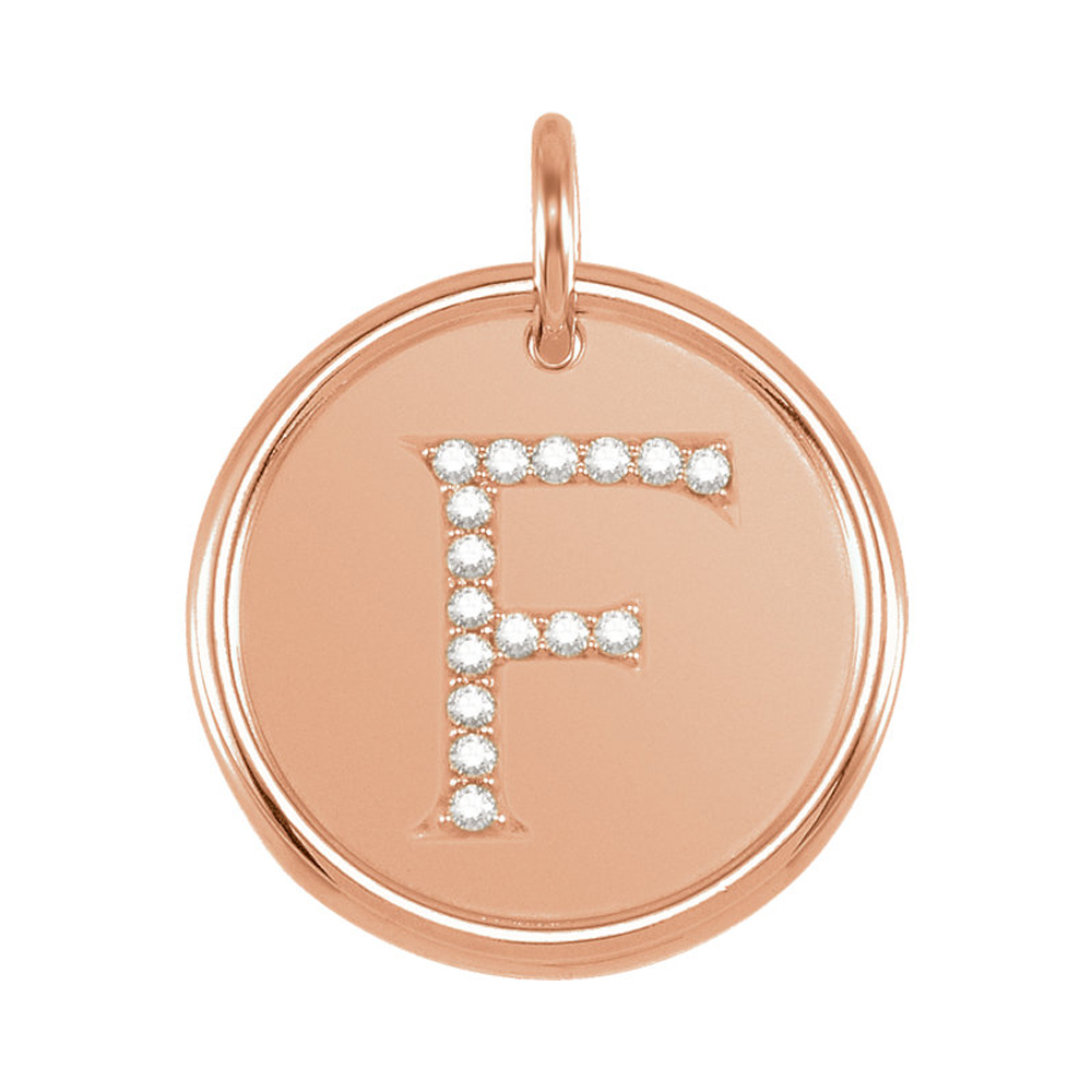 14k Rose Gold & .08 Ctw Diamond Initial F Disc Pendant, 17mm (5/8 in)