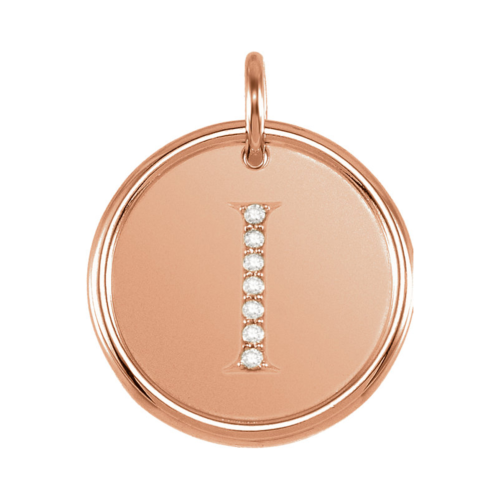 14k Rose Gold & .035 Ctw Diamond Initial I Disc Pendant, 17mm (5/8 in)