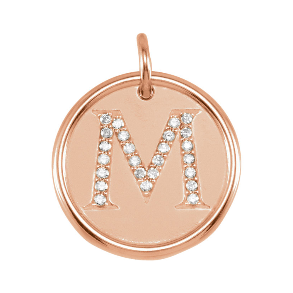 14k Rose Gold & 1/8 Ctw Diamond Initial M Disc Pendant, 17mm (5/8 in)