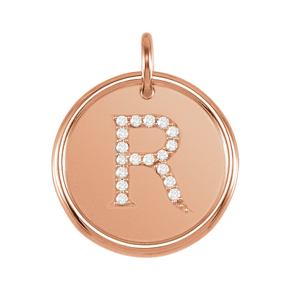 14k Rose Gold & 1/10 Ctw Diamond Initial R Disc Pendant, 17mm (5/8 in)