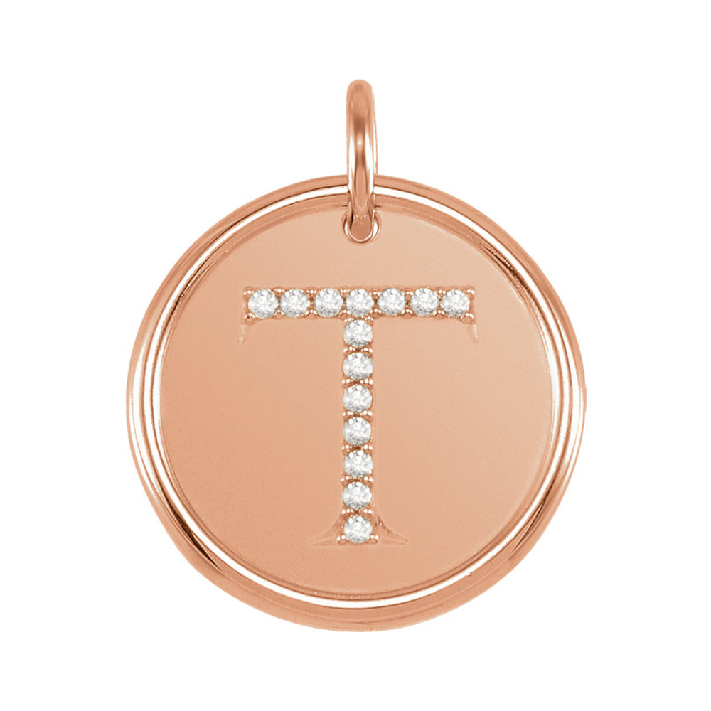 14k Rose Gold & 1/15 Ctw Diamond Initial T Disc Pendant, 17mm (5/8 in)