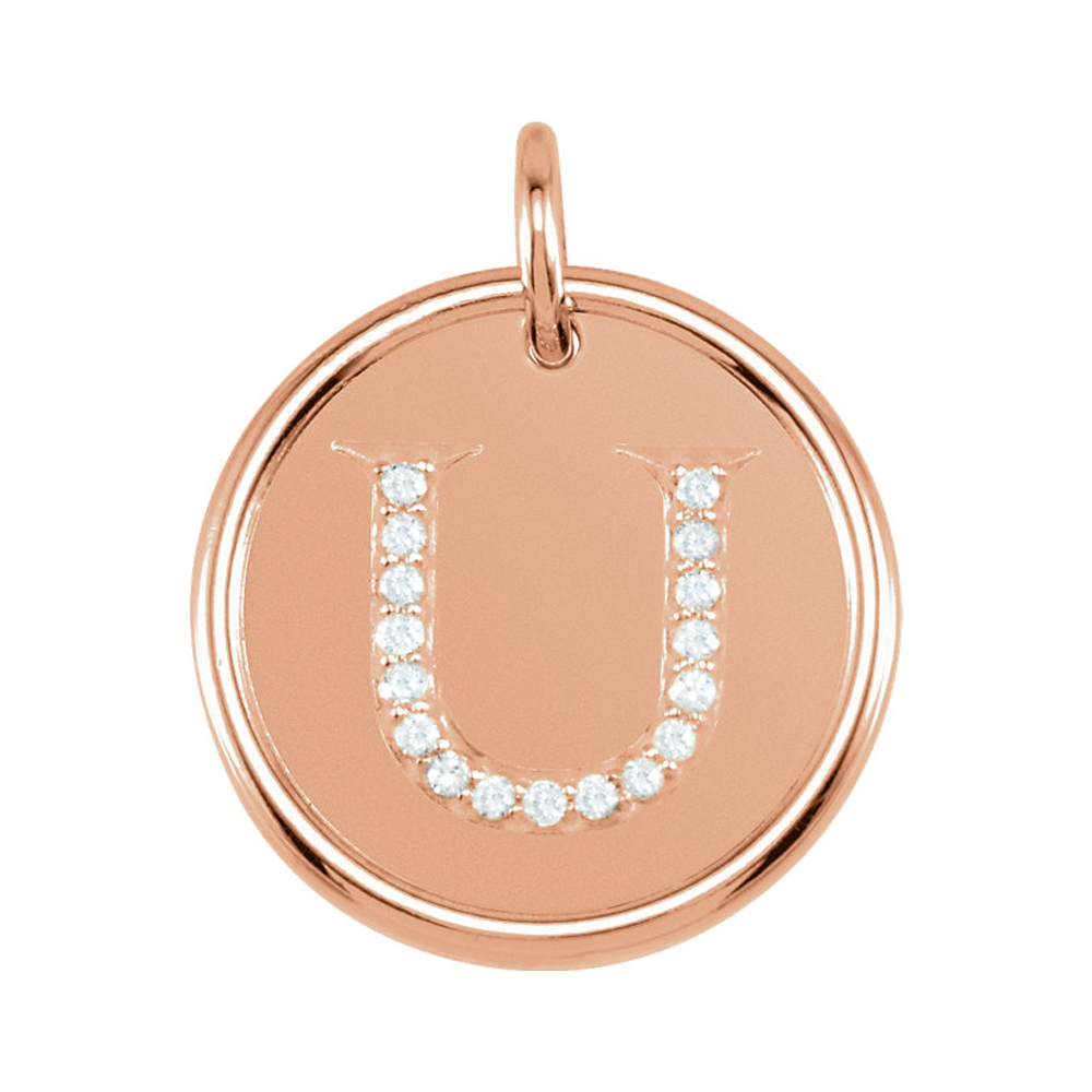 14k Rose Gold & .085 Ctw Diamond Initial U Disc Pendant, 17mm (5/8 in)
