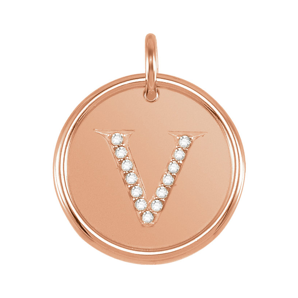 14k Rose Gold & 1/15 Ctw Diamond Initial V Disc Pendant, 17mm (5/8 in)