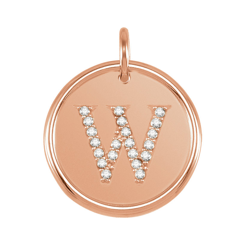 14k Rose Gold & 1/10 Ctw Diamond Initial W Disc Pendant, 17mm (5/8 in)