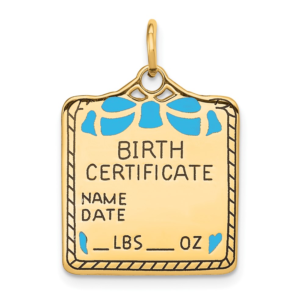 14k Yellow Gold & Blue Enamel Birth Certificate Charm or Pendant