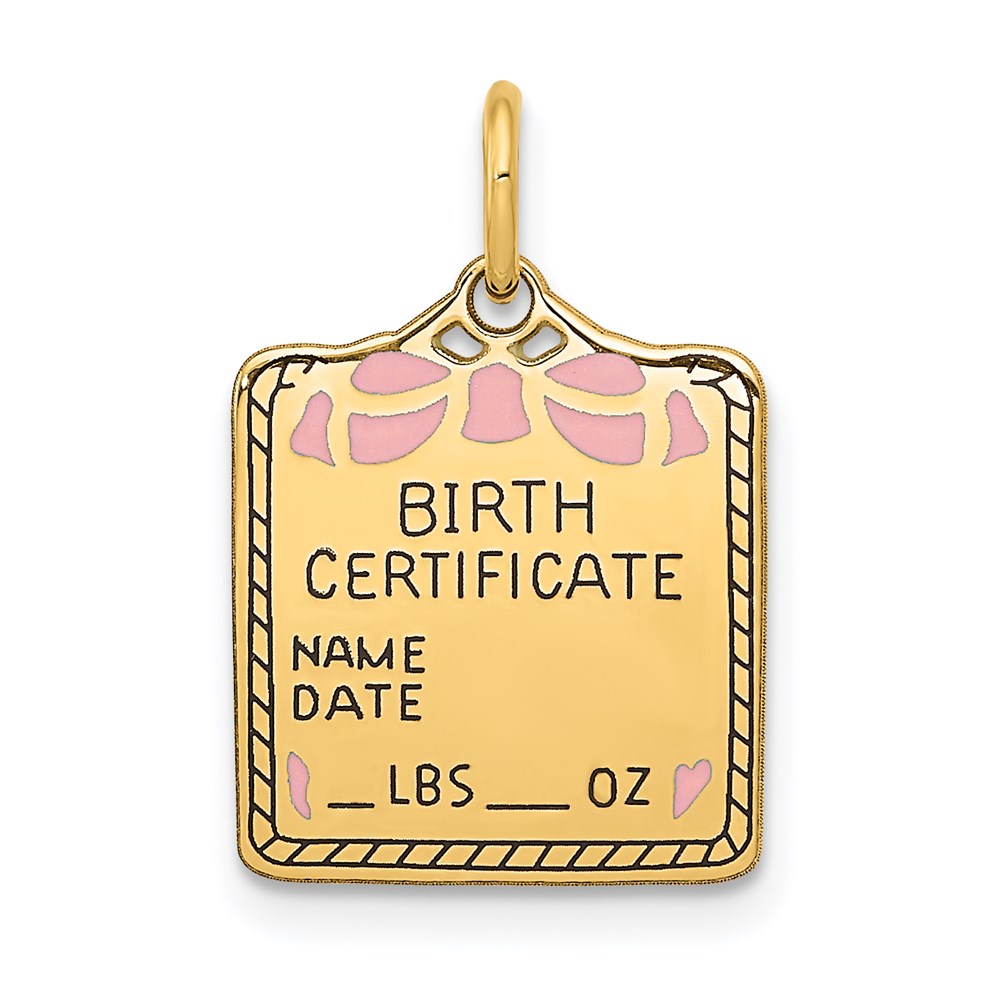 14k Yellow Gold & Pink Enamel Birth Certificate Charm or Pendant