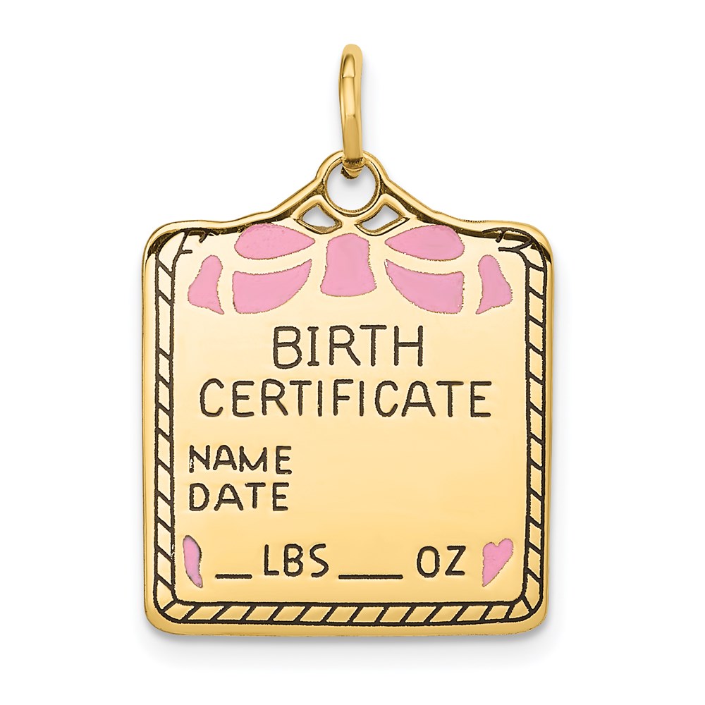 14k Yellow Gold & Pink Enamel Birth Certificate Charm or Pendant, 18mm