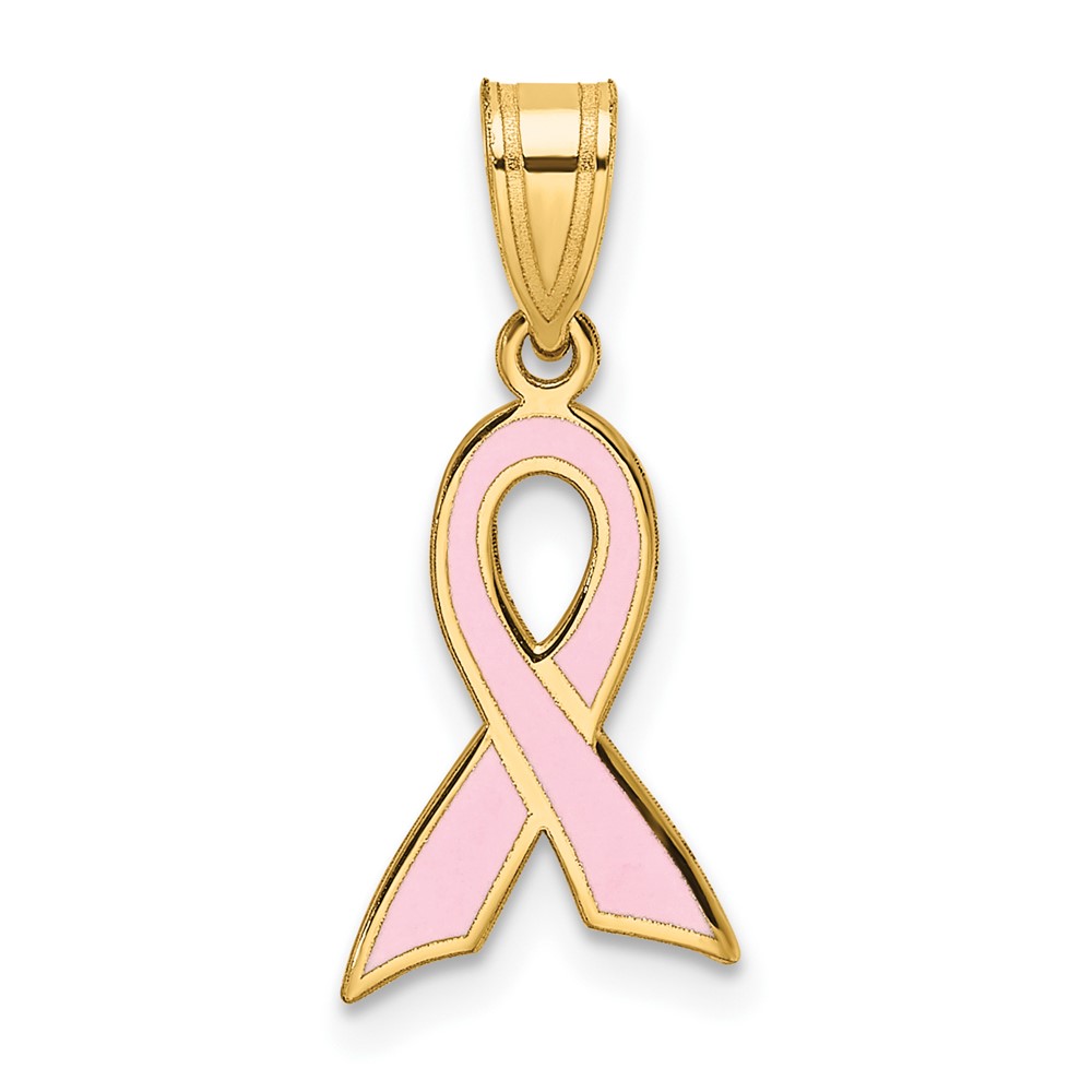 14k Yellow Gold & Pink Enamel Awareness Ribbon Pendant, 9 x 20mm