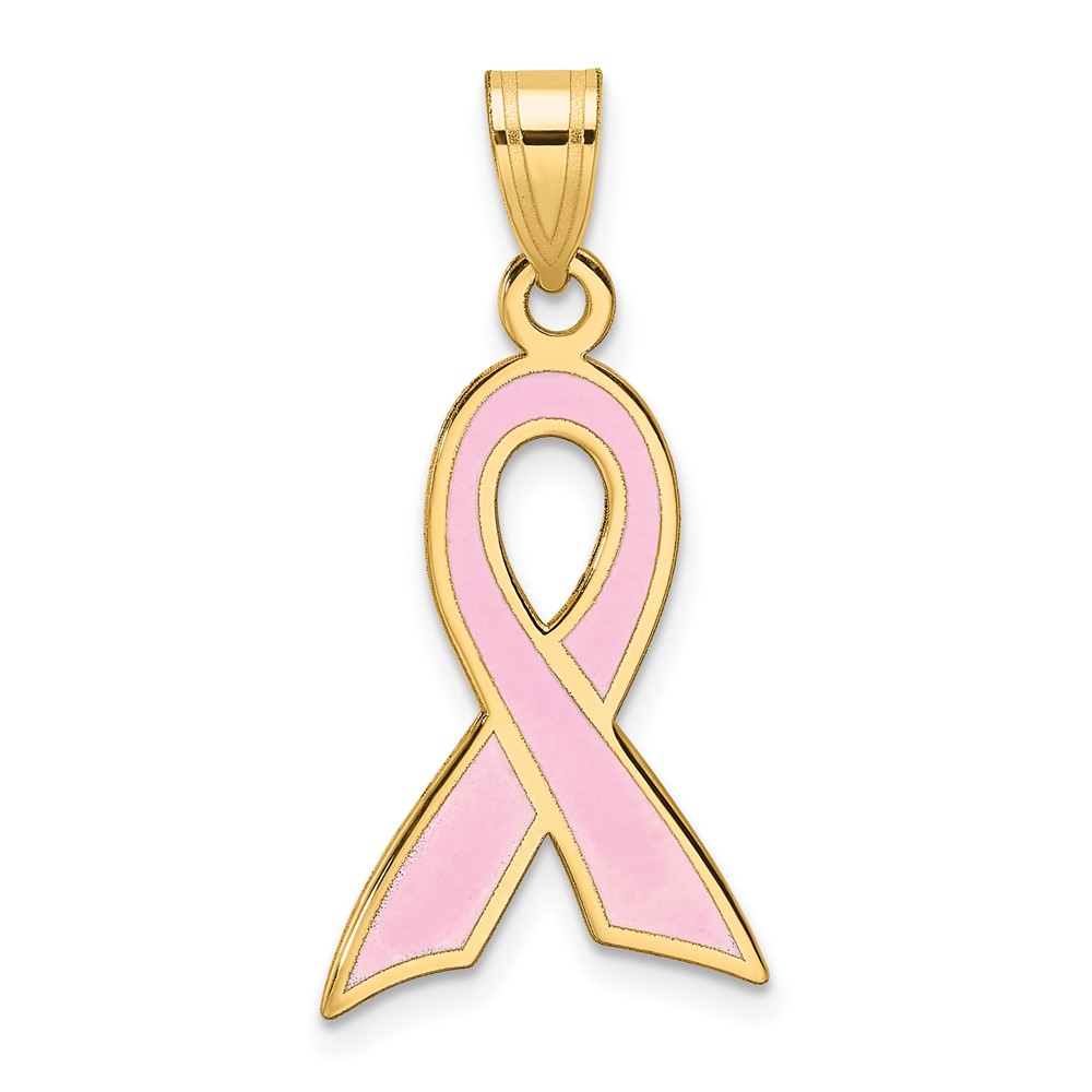14k Yellow Gold & Pink Enamel Awareness Ribbon Pendant