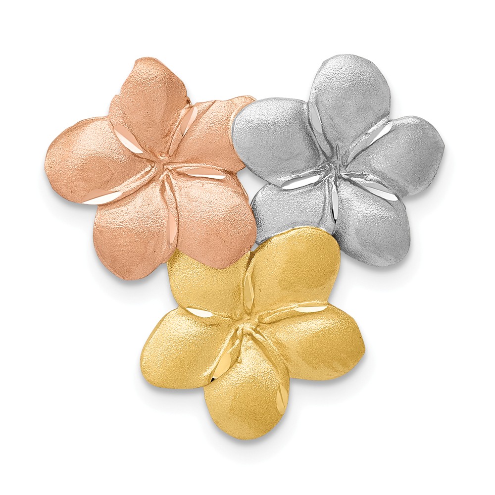 14k Tri-Color Gold Satin & Diamond Cut Triple Plumeria Slide Pendant