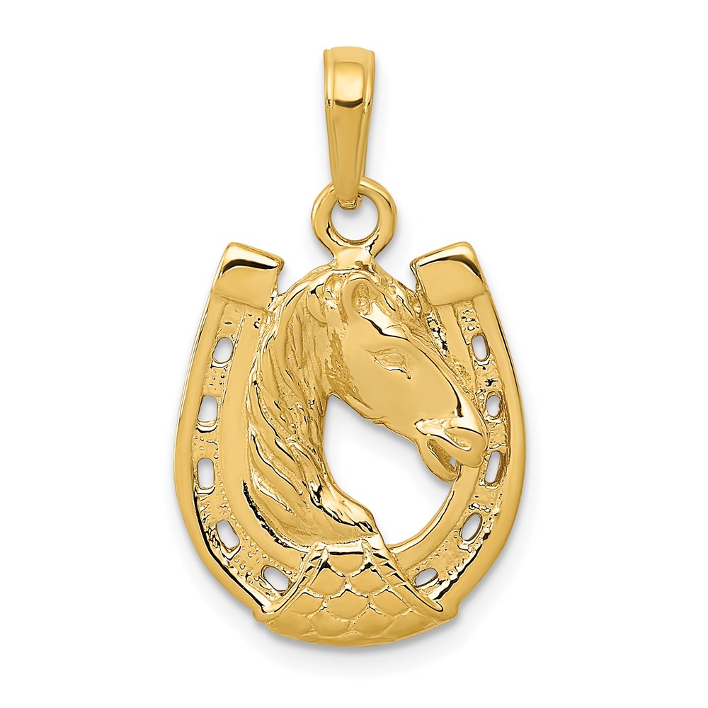 14k Yellow Gold Horse Head and Horseshoe Pendant, 15mm