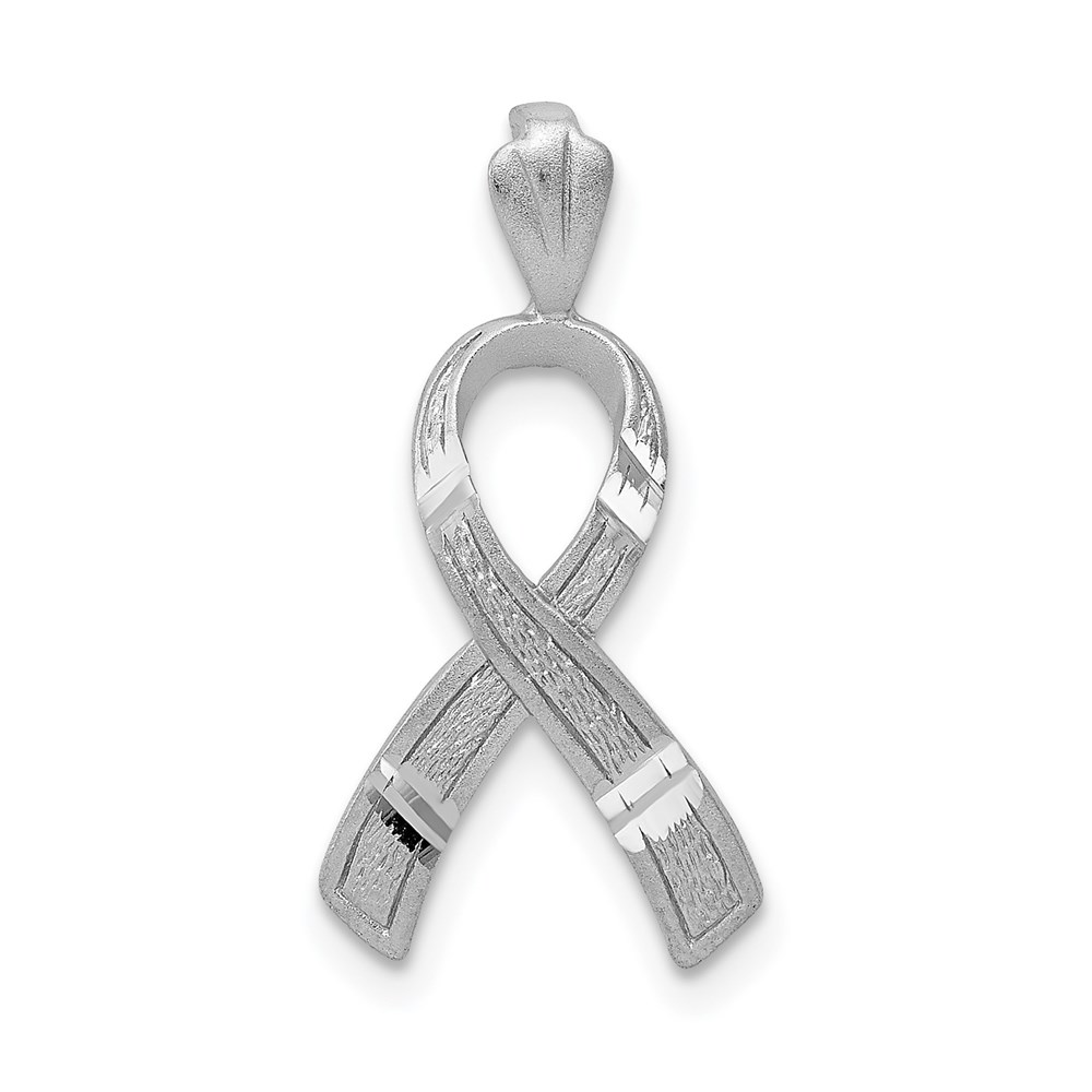 14k White Gold Satin & Diamond Cut Awareness Ribbon Pendant, 12mm