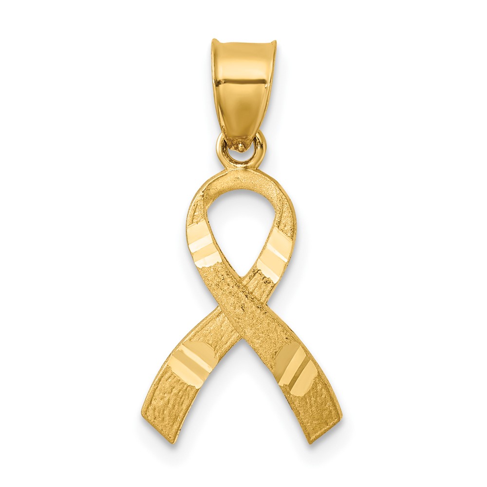 14k Yellow Gold Satin & Diamond Cut Awareness Ribbon Pendant, 12mm