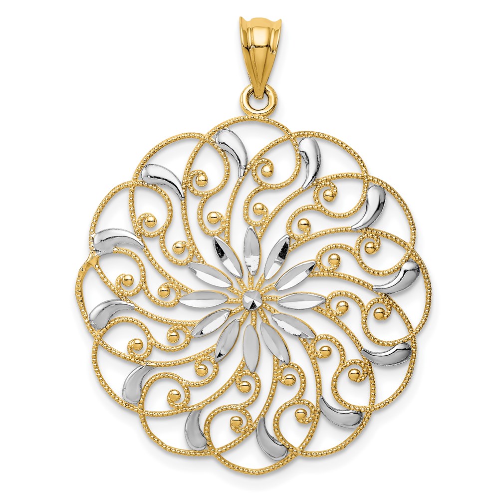 14k Yellow Gold & White Rhodium Diamond Cut Floral Swirl Pendant, 30mm