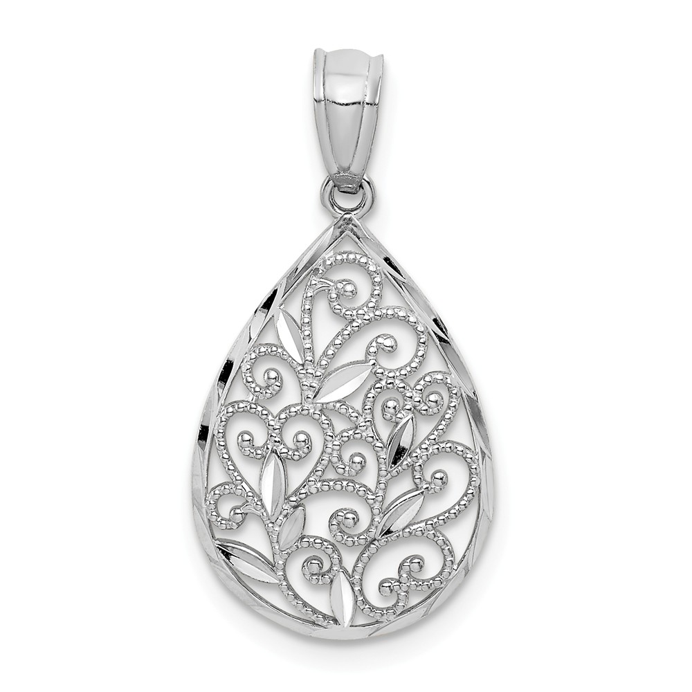 14k Yellow or White Gold Filigree Teardrop Pendant, 13mm