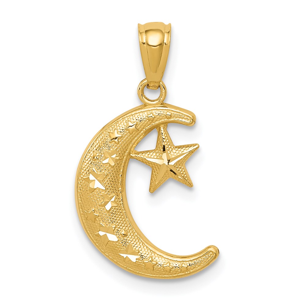 14k Yellow Gold Crescent Moon and Stars Pendant, 12mm